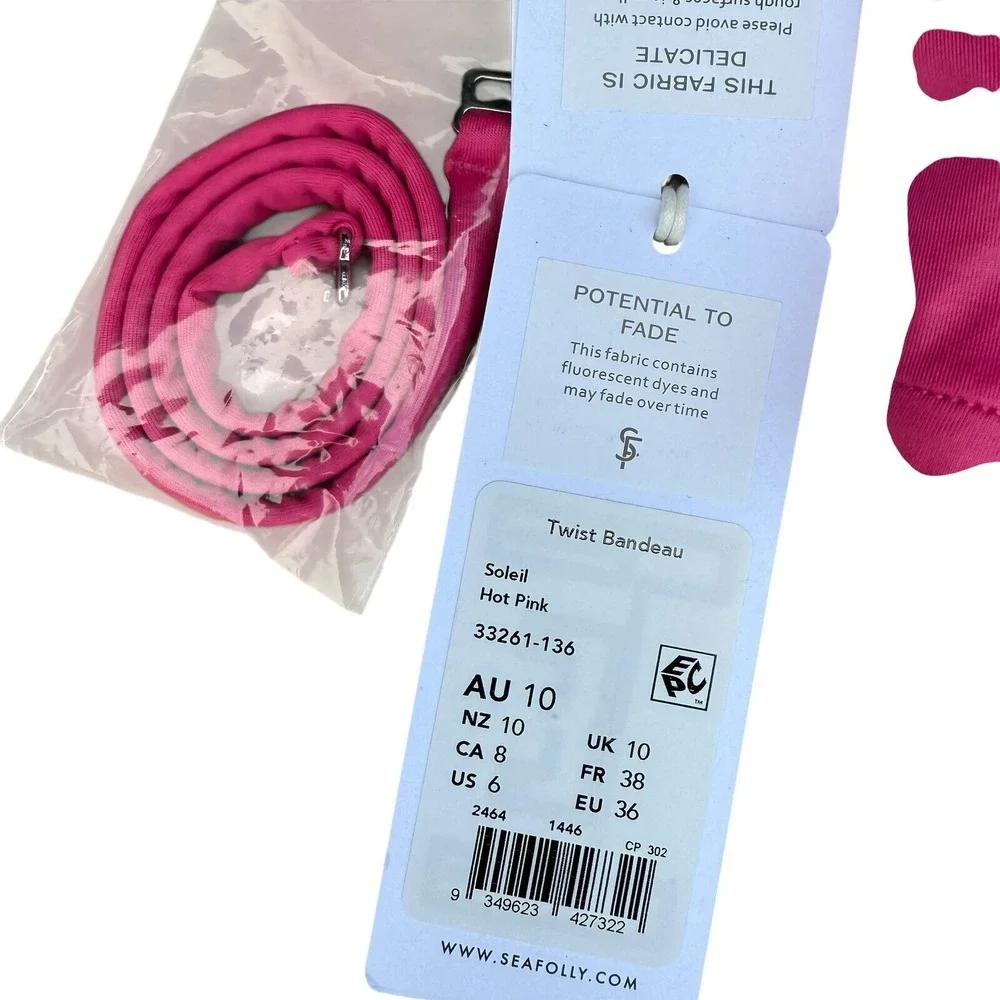 Seafolly Twist Bandeau Bikini Top Swimsuit Removable Strap Hot Pink Size 6 - Picture 7 of 10